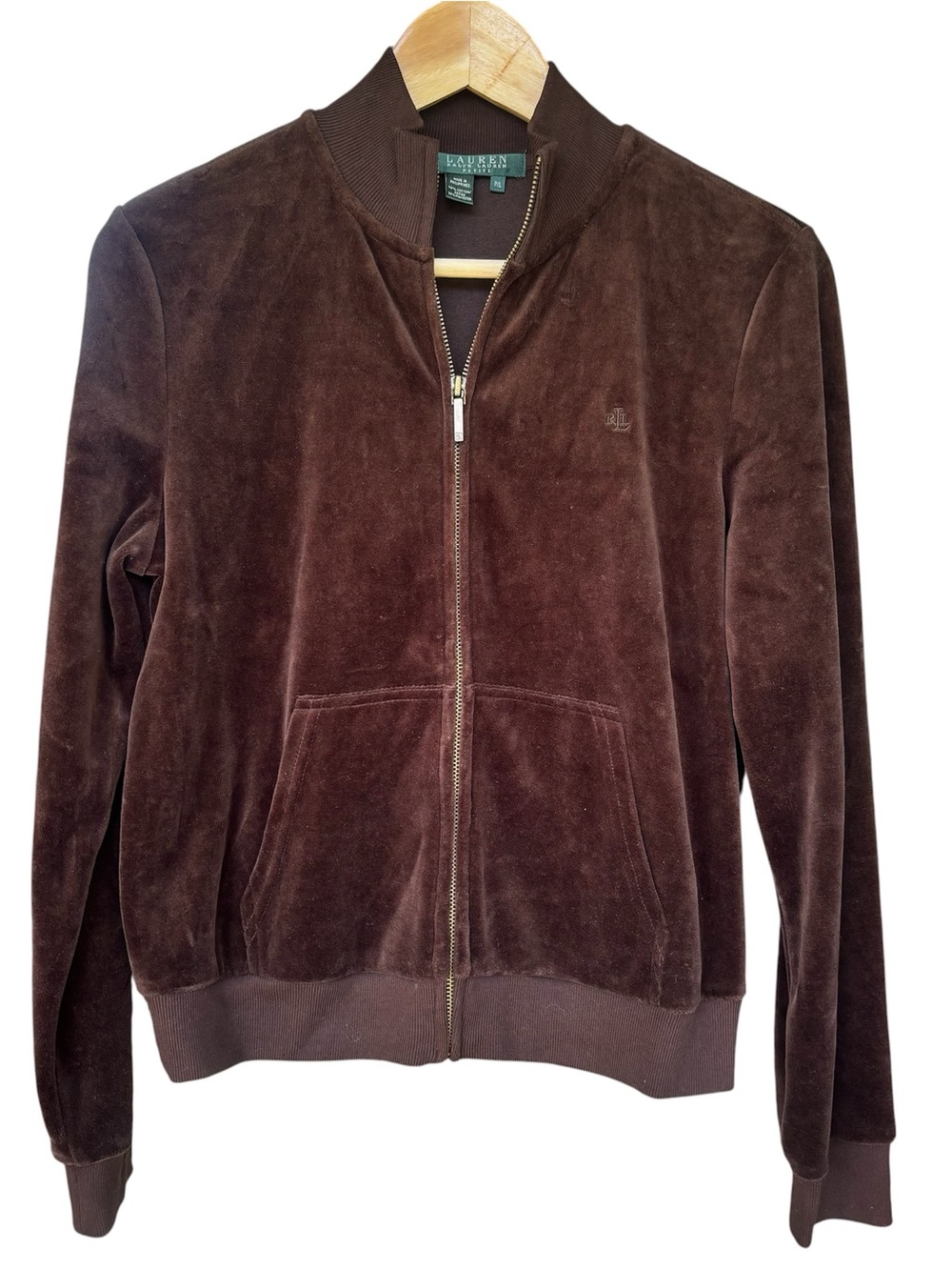 Lauren Ralph Lauren Women Brown Velour Zip Up Jacket Size Large Petite PL Y2K